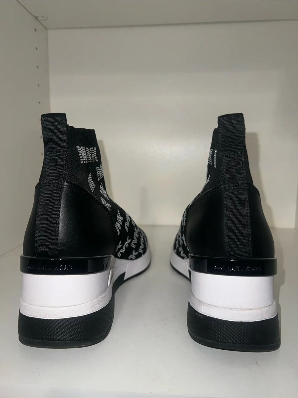 Michael Kors Black Knit Logo Sock Sneakers with White Platform